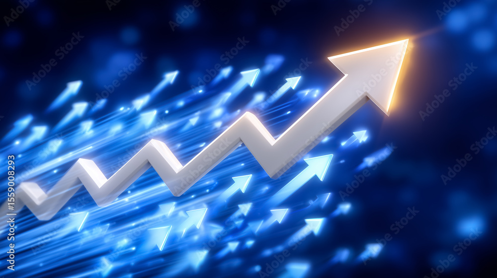 Poster glowing upward arrow composed of smaller arrows indicating dynamic progress and collaboration. corpo