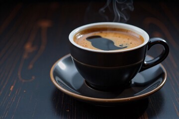 Steaming coffee dark cup on saucer