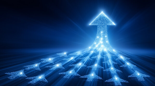 Glowing upward arrow formed by smaller arrows indicates unified growth and team success. Dark background enhances blue gradient lighting. Concept of business development, teamwork, corporate strategy