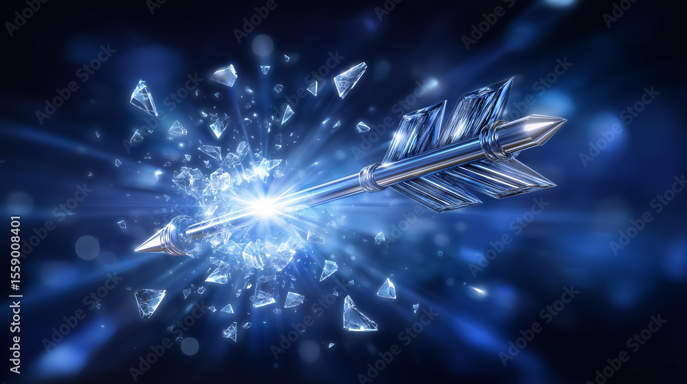 Poster arrow shatters glass ceiling with glowing shards scattering in dark background. dynamic light burst 