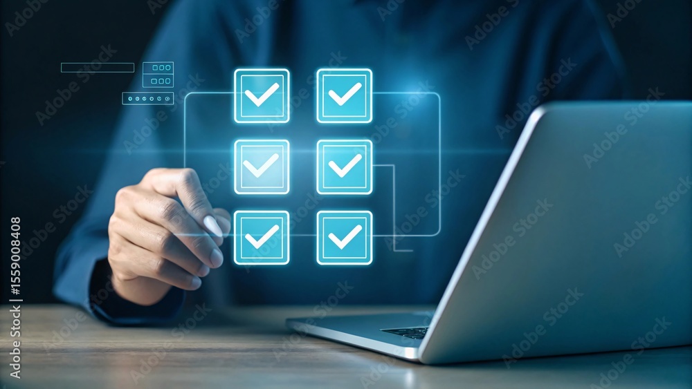 Poster digital checklist concept person using laptop completing tasks online and interacting with virtual i