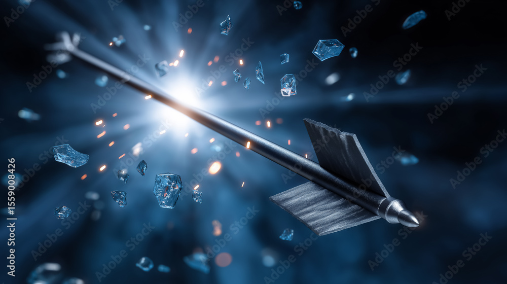 Poster arrow penetrates glass ceiling with glowing shards exploding outward, symbolizing progress and break