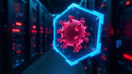 A digital representation of a virus in a high-tech server room. The virus is depicted in red with a blue hexagonal outline, surrounded by glowing data servers. - Powered by Adobe