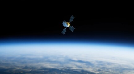 Naklejka premium Satellite orbiting above the Earth's atmosphere and surface