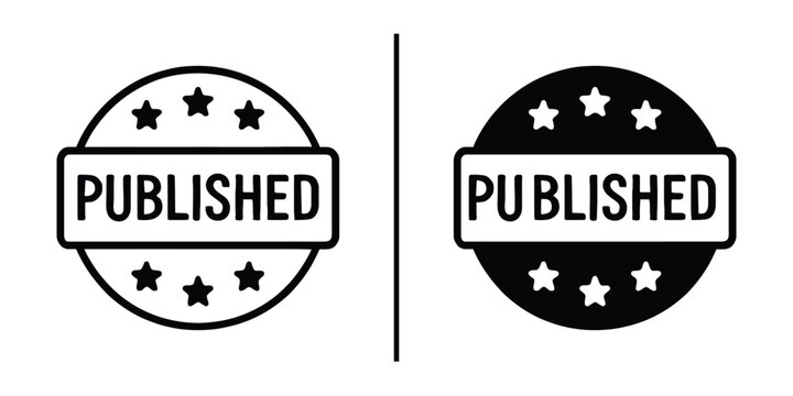 Published stamp icon: A bold published stamp icon showcases credibility and approval in two distinct versions, symbolizing validation and authority.