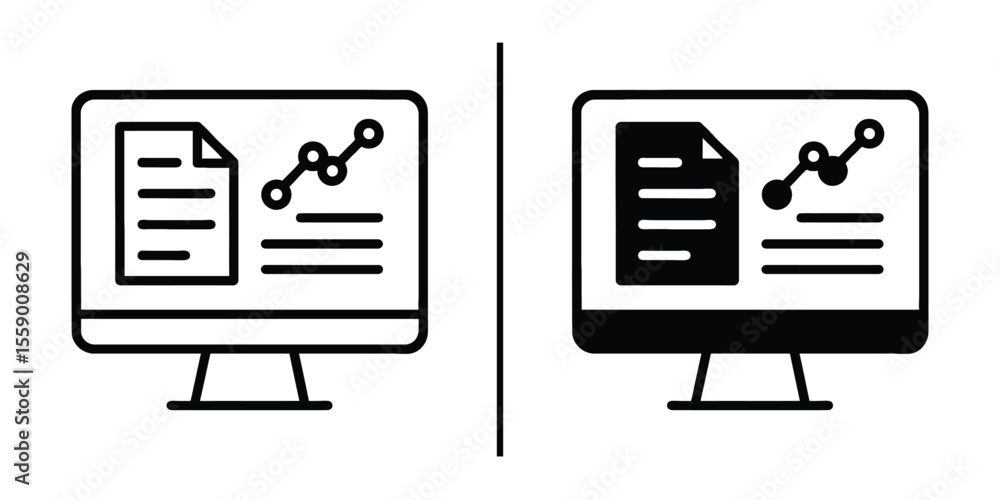Fototapete Monochromatic Screen Icons: Streamlined computer icons in both light and dark variants showcase a document with an ascending line graph, symbolizing progress and data analysis.