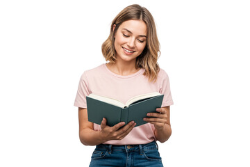Smiling young woman reading a book while standing, concept of learning, relaxation, or literature enjoyment