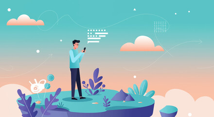 A man stands on a floating island amidst a whimsical landscape, engrossed in his phone. Suitable for landing page, banner, marketing, web design, presentation, infographic, etc.