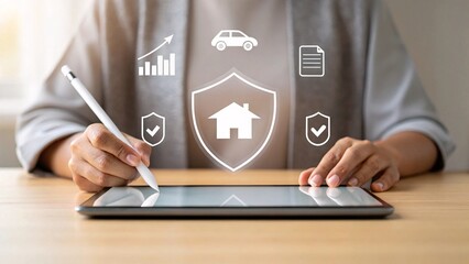 Digital Home Insurance Planning with Tablet and Stylus Innovative Protection and Secure Future Strategies Online Coverage Consultation
