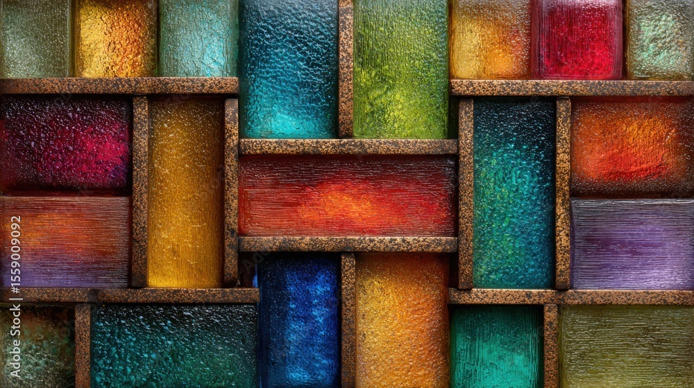 Poster multiple glass tiles in assorted colors and textures are neatly arranged to form a striking wall dis