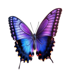 A vibrant purple and blue butterfly with intricate wing details is displayed against a black background