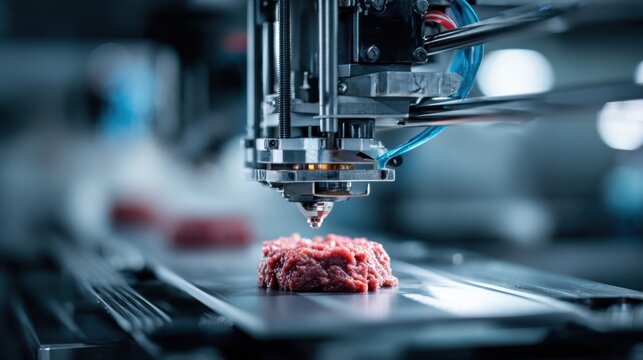 Advanced 3D printing equipment creates lab-grown meat products in a well-equipped facility, showcasing innovative food technology focused on sustainability.