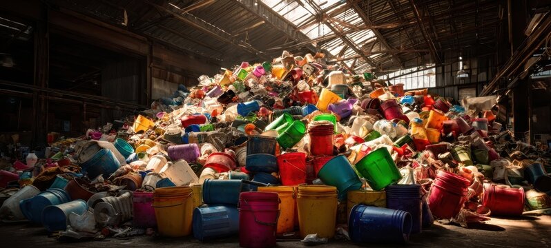 The vibrant pile of colorful buckets in an industrial waste facility - Powered by Adobe