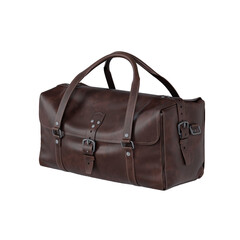Brown leather duffel bag with buckle closures