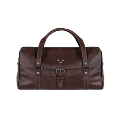 Brown leather duffel bag with buckle closures