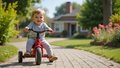 Young child with developmental delays learning to ride a tricycle