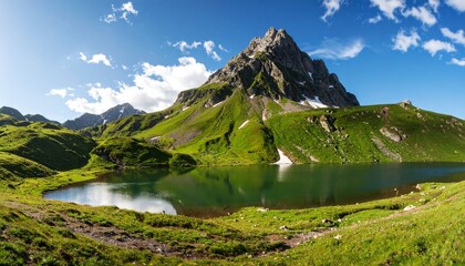 Green hills and rocky peak beside turquoise lake under sunny sky, perfect natural escape view