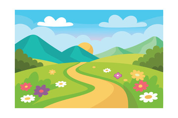 Obraz premium Serene Mountain Path Spring Flowers and Scenic Views