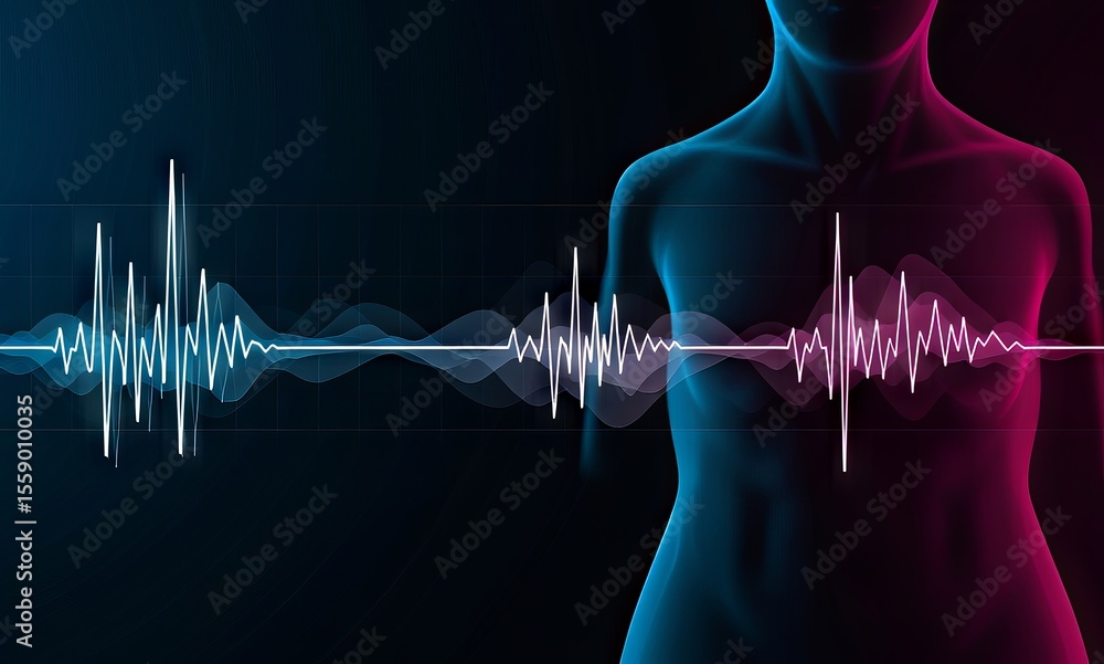 Poster medtech and the future of health innovation. digital representation of sound waves and a human silho
