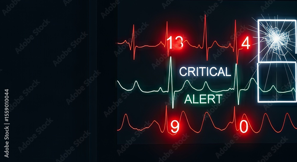Poster medtech and the future of health innovation. heart monitor displaying critical alert signals and ecg