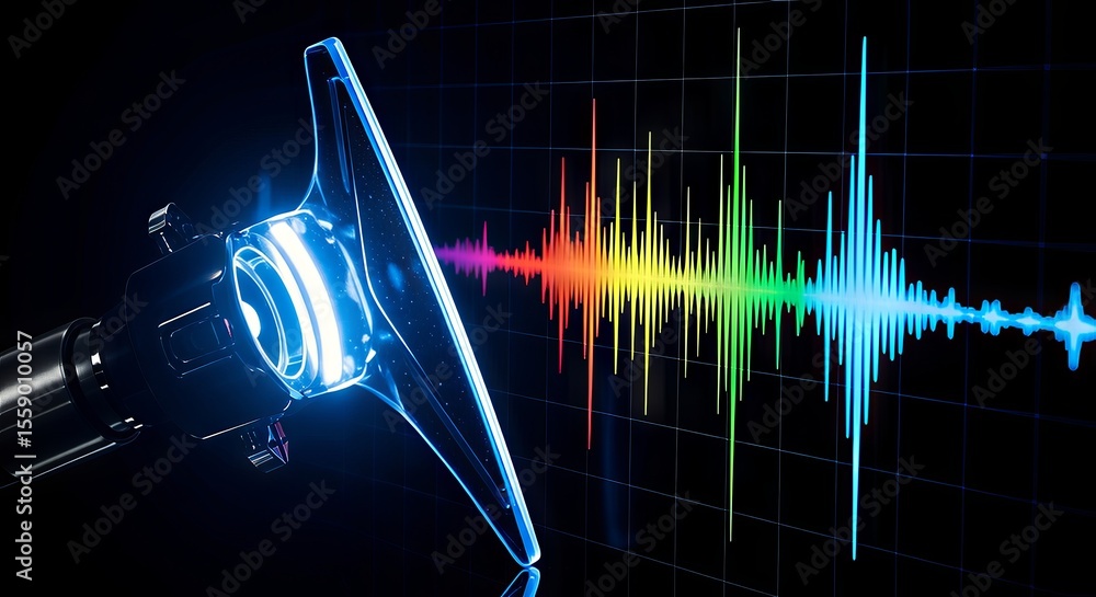 Poster MedTech and the Future of Health Innovation. Sound wave visualization with a microphone and colorful audio spectrum.