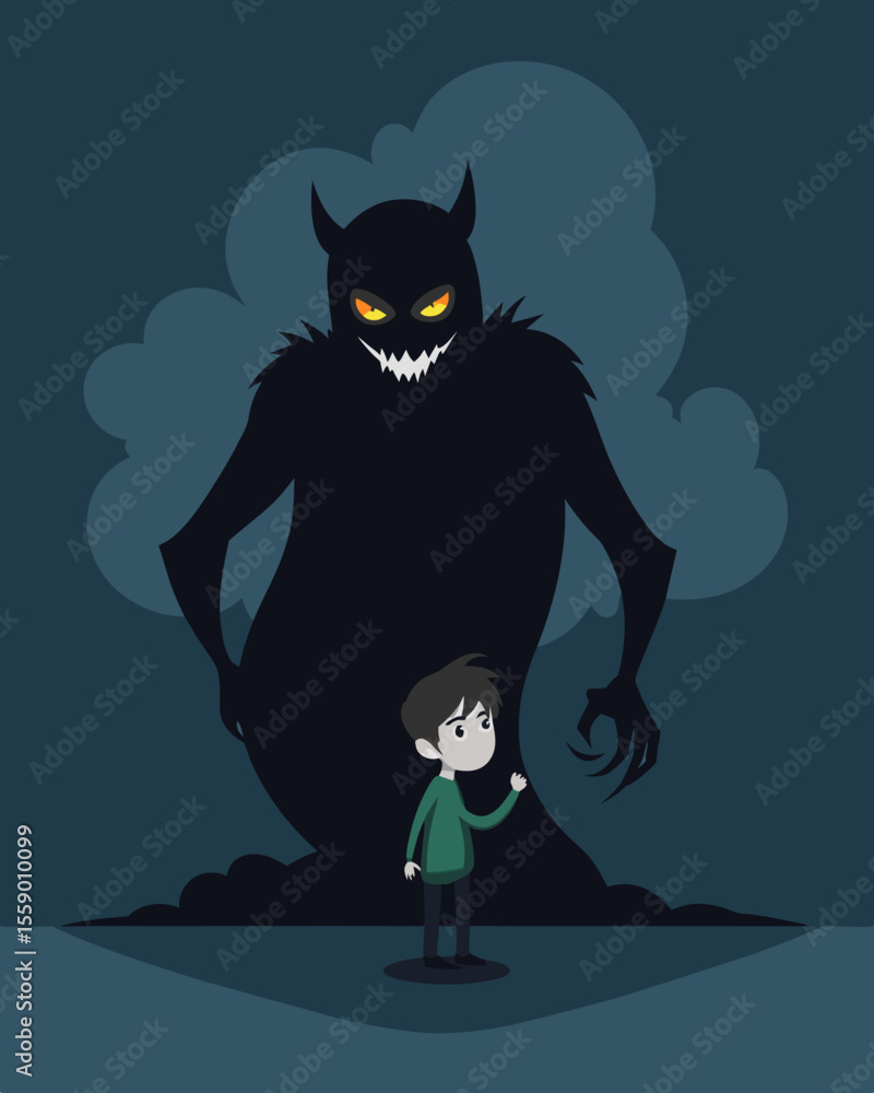 Poster the dark and twisted form of a shadow bully looming over their victim like a dark cloud.. vector ill