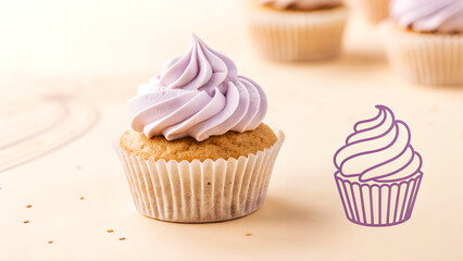 Vanilla Cupcake with Lavender Frosting and Illustrated Cupcake Icon on Pastel Background.