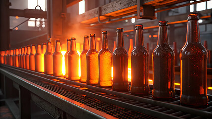 Molten Glass Beer Bottles on Conveyor Belt in Hot Industrial Glass Factory.
