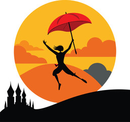 A whimsical collection of stylized illustrations depicting a boy flying with an umbrella, evoking a sense of childlike wonder and freedom