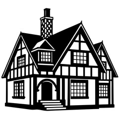 Tudor style house with chimney black and white silhouette vector illustration