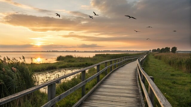 Wooden boardwalk winds through marshland at sunset with birds flying overhead
