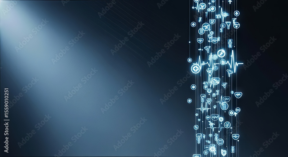 Poster MedTech and the Future of Health Innovation. Abstract digital design with illuminated icons on a dark background.