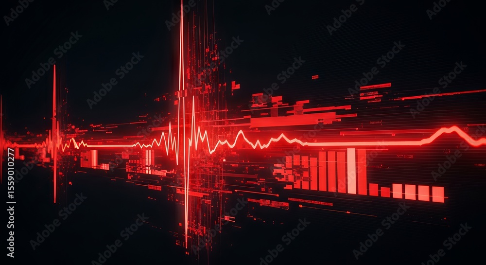 Poster MedTech and the Future of Health Innovation. Abstract digital heartbeat visualization with red lines on black background.