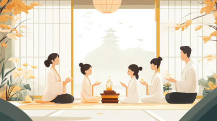 A serene family practices meditation together in a traditional Japanese-style room with autumn foliage and a pagoda visible outside.