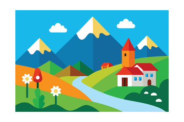 Fototapeta premium Serene Mountain Village Landscape Illustration Picturesque Valley, River, and Alpine Peaks