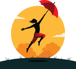 A whimsical collection of stylized illustrations depicting a boy flying with an umbrella, evoking a sense of childlike wonder and freedom