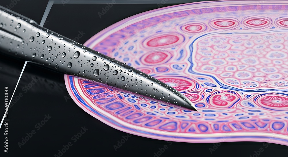 Poster medtech and the future of health innovation. microscopic view of cellular structure with droplets on