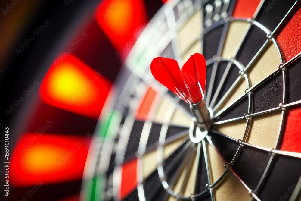 Poster red dart hitting the center of a dartboard, symbolizing achieving a goal or objective