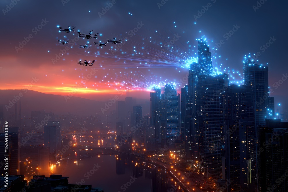 Poster light display over a modern city with drones illuminating the skyline during twilight