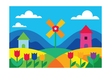 Vibrant Spring Landscape Colorful Houses, Windmill, and Tulips
