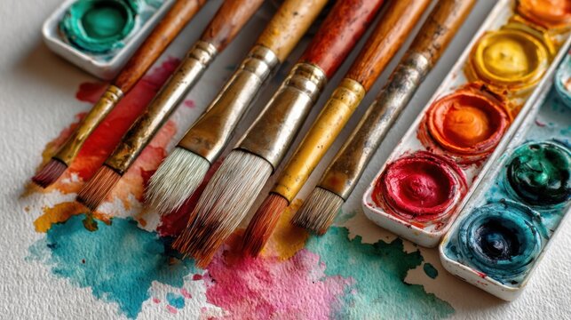 Various artist brushes lay on a vibrant splash of paint alongside a palette filled with watercolors. This setting showcases an inviting atmosphere for creativity and artistic expression.