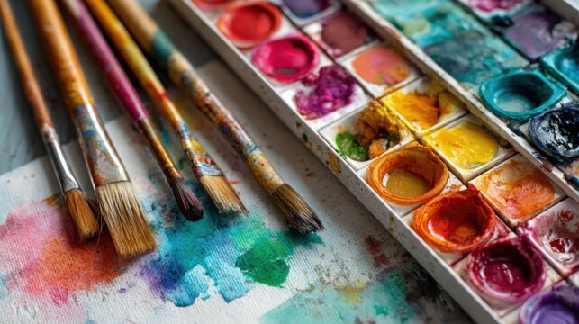 Brightly colored watercolors and various brushes are arranged on a table in a creative studio. The vibrant hues indicate an active art session in progress.