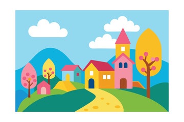 Charming Spring Village Colorful Houses and Blossoming Trees