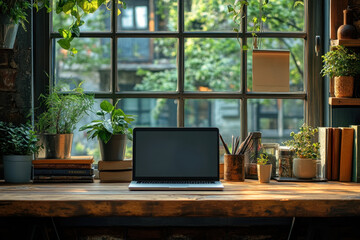 Fototapeta premium Laptop open on desk with plants and books.