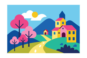 Fototapeta premium Vibrant Spring Village Landscape Hillside Homes and Blooming Trees