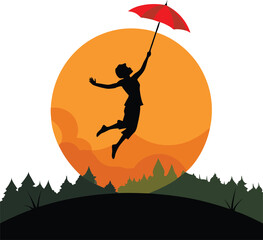 A whimsical collection of stylized illustrations depicting a boy flying with an umbrella, evoking a sense of childlike wonder and freedom