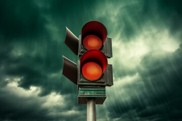 Traffic light showing red stop signal under ominous, stormy sky, symbolizing danger, caution, and potential disruption