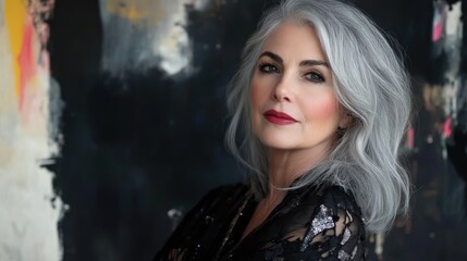 Elegant middle-aged woman with striking silver hair and bold red lipstick posing gracefully against an abstract dark background in a serene artistic setting