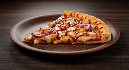 A slice of barbecue chicken pizza with BBQ sauce, grilled chicken, red onions, and melted cheese. Plated on a round ceramic dish, placed on a dark wood surface with diffused lighting