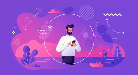 a man in a white shirt standing in front of a purple background with a circle of icons